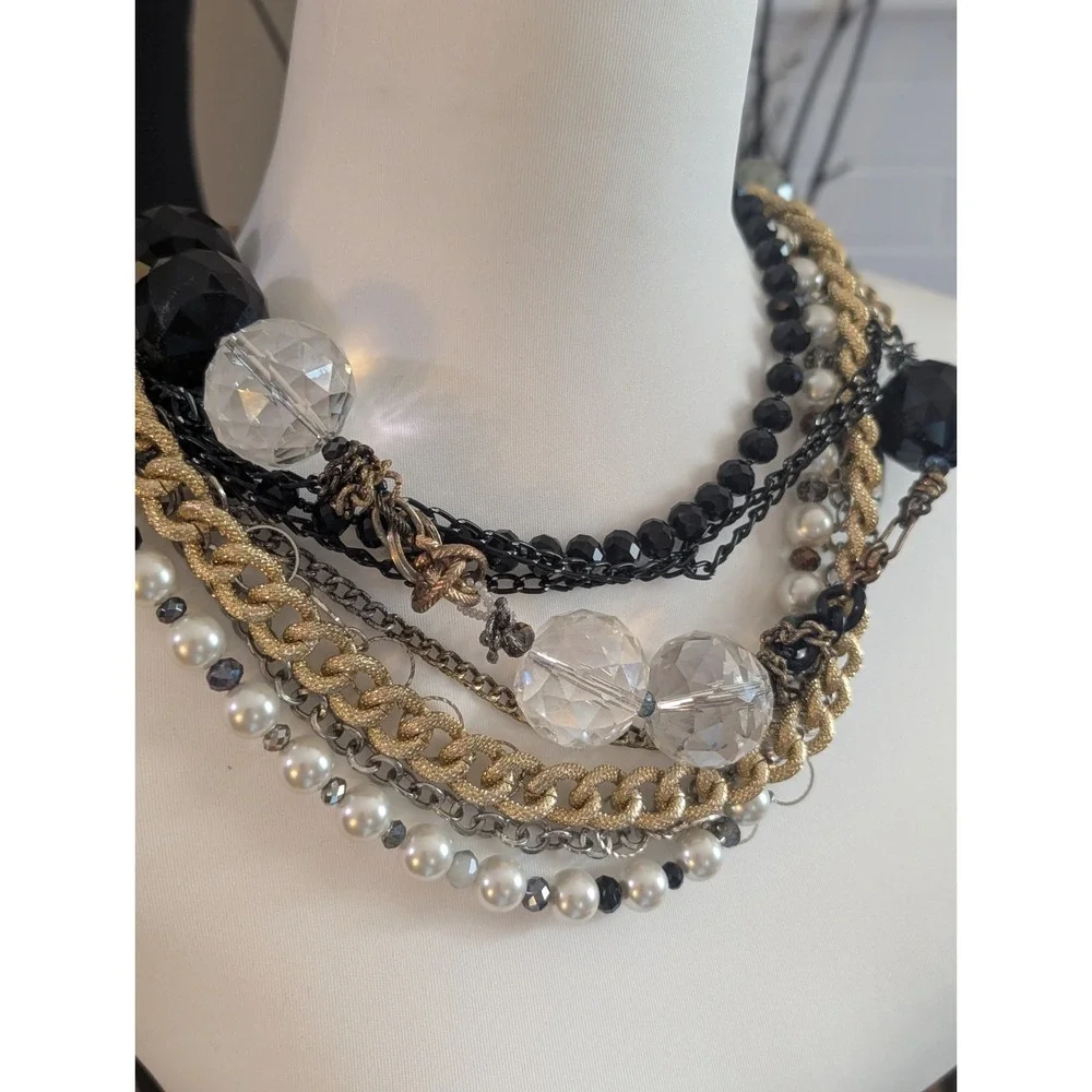 Morfina & Stone Designer Statement Necklace Chunky Mixed Chain Black Faceted...